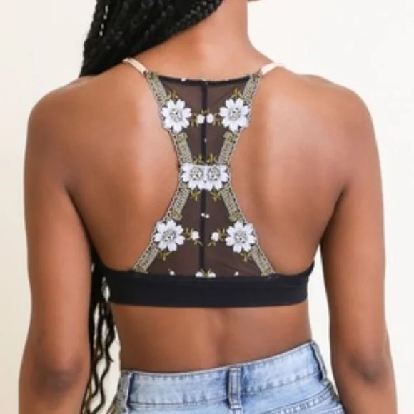 Black Floral Lace Racerback Bralette Intimates - Picture 1 of 4